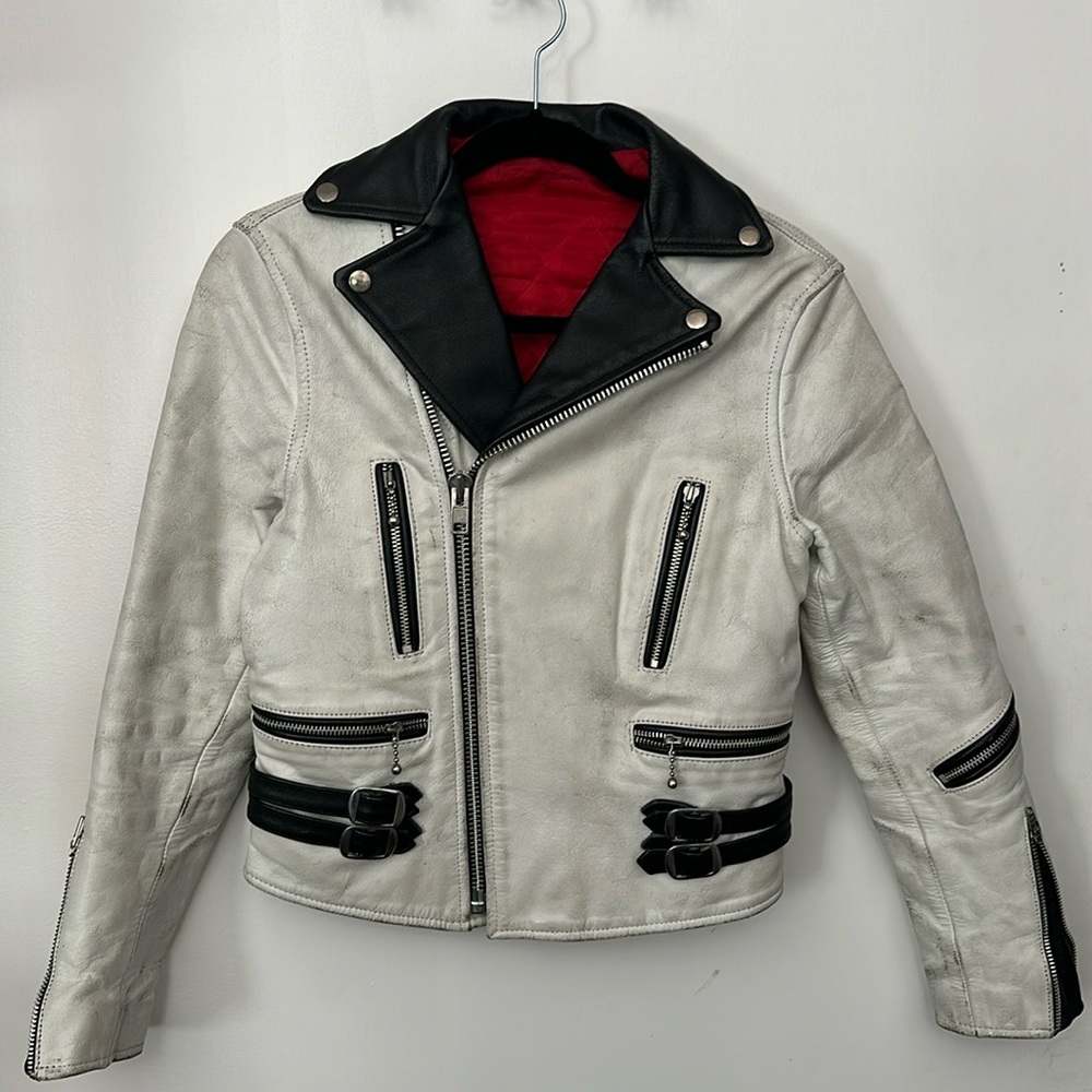VINTAGE -Rare black and white vintage leather biker jacket